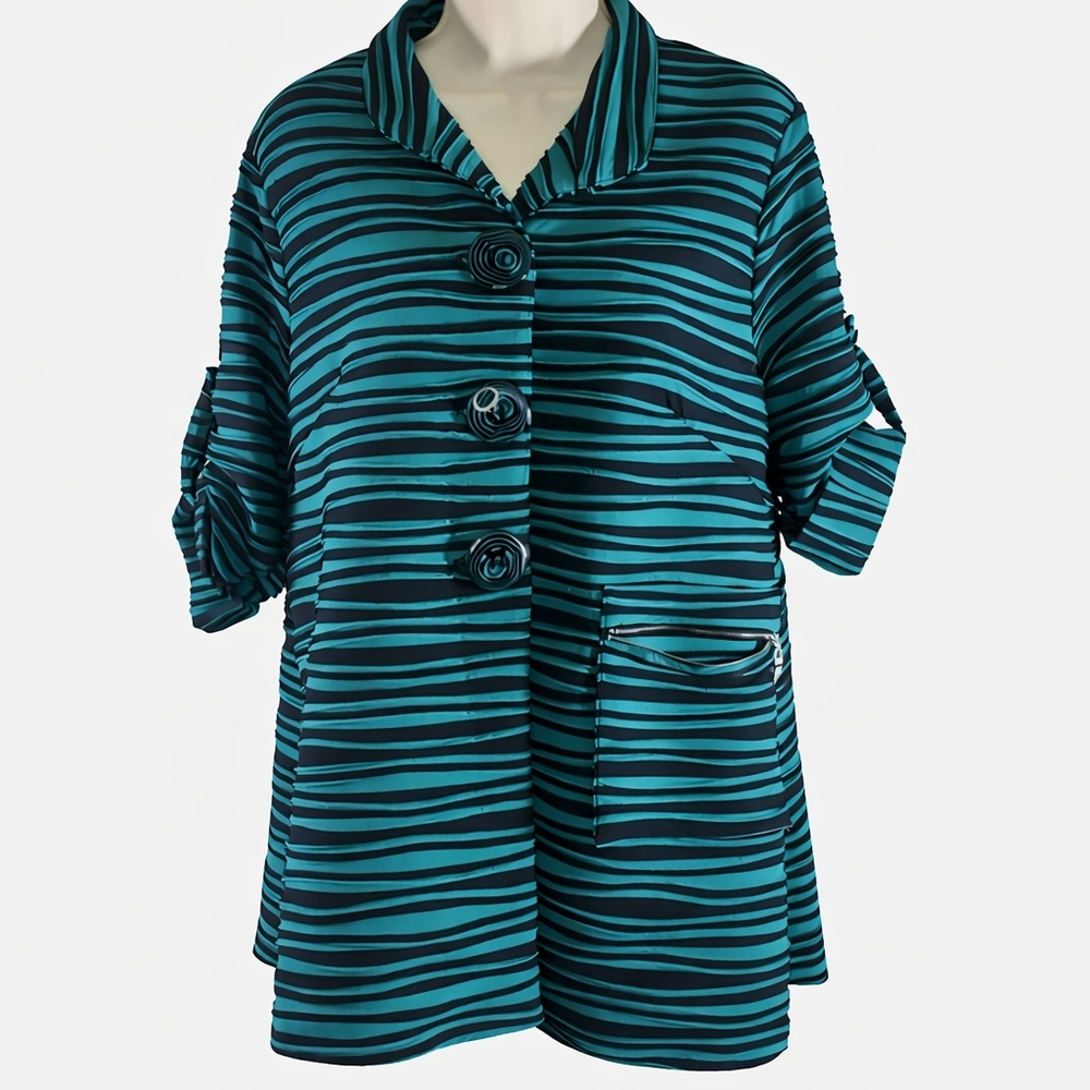 Come N See Teal Black Striped Jacket Size S Statement Buttons